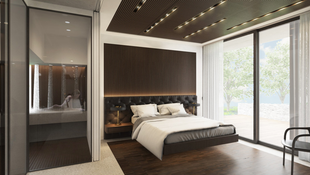 Ejemplo de dormitorio principal actual pequeño con paredes blancas, suelo de baldosas de porcelana, suelo gris, bandeja y madera