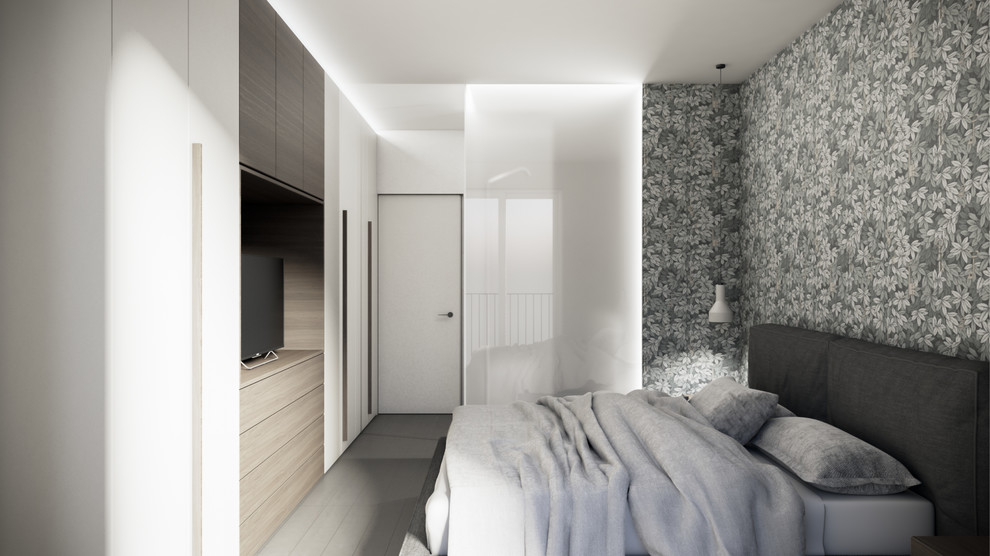 Imagen de dormitorio principal contemporáneo de tamaño medio con suelo de baldosas de porcelana y suelo gris