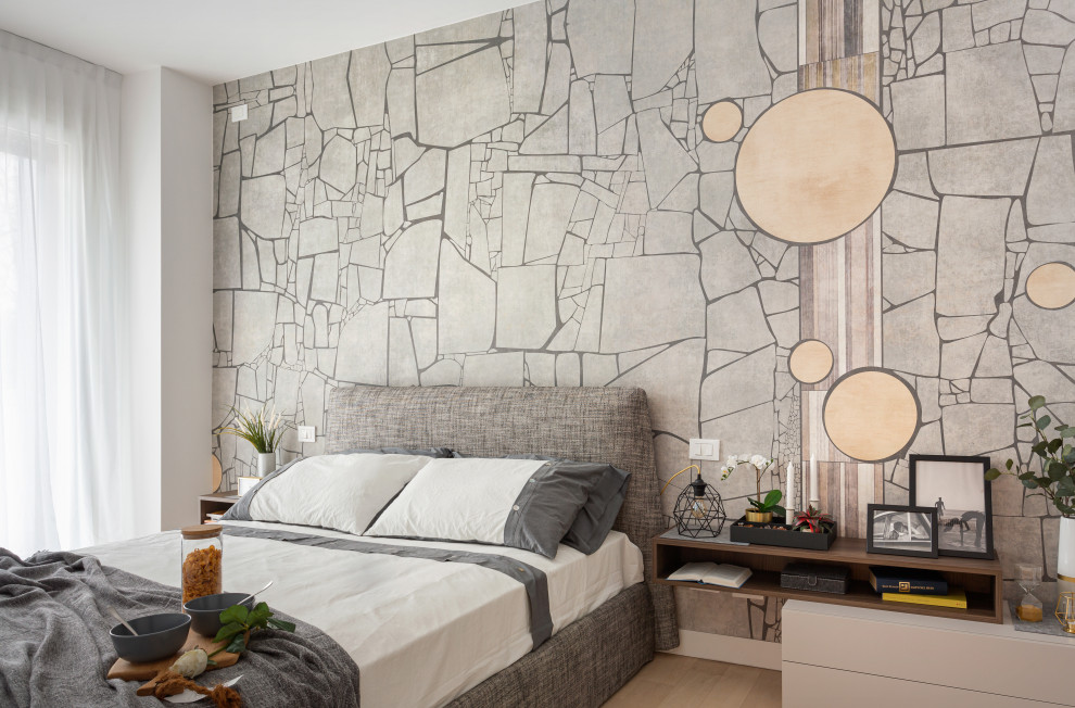 Example of a mid-sized trendy master beige floor bedroom design in Milan with white walls