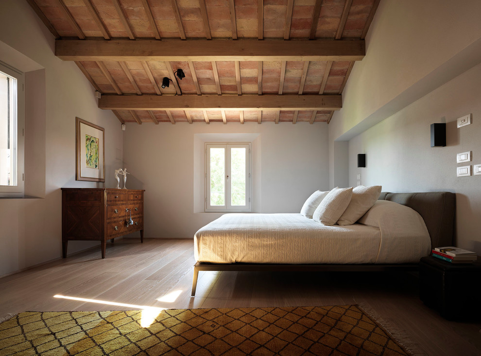 Expansive farmhouse guest bedroom in Bologna with light hardwood flooring and white walls.