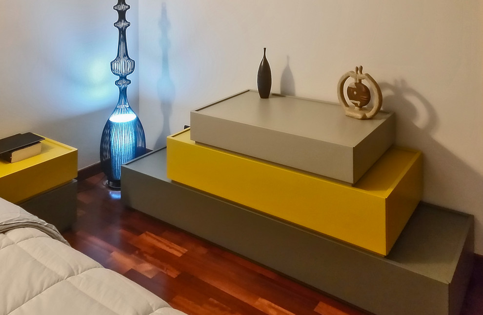 Photo of a medium sized contemporary master bedroom in Other with beige walls, painted wood flooring and brown floors.