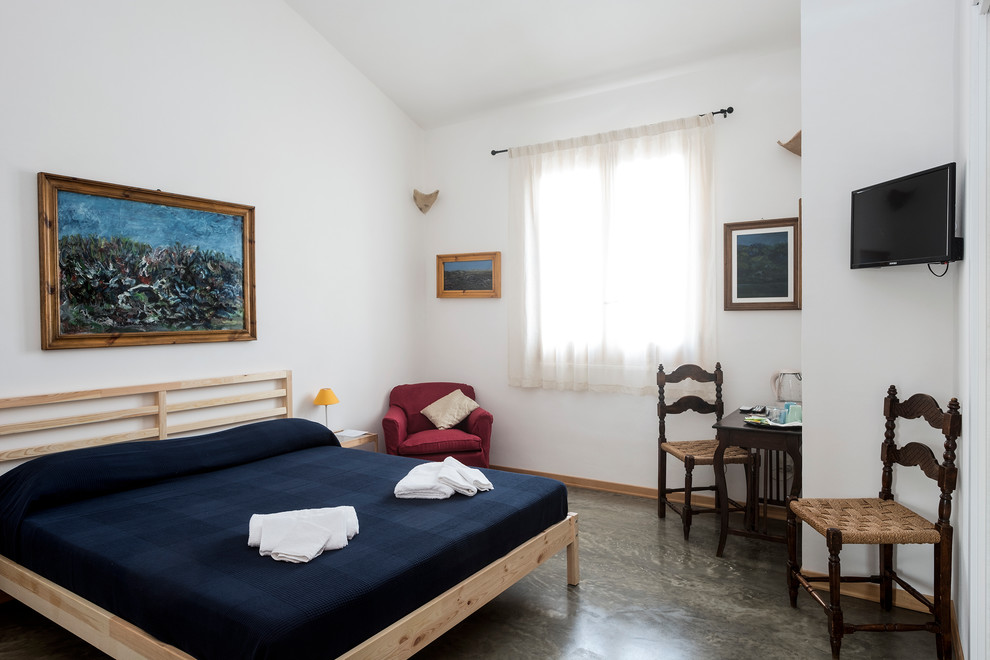 Ispirazione per una camera degli ospiti mediterranea di medie dimensioni con pareti bianche, pavimento in cemento e pavimento grigio