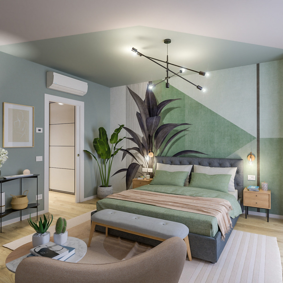 ミラノにある広い北欧スタイルのおしゃれな主寝室 (マルチカラーの壁、淡色無垢フローリング、壁紙) のインテリア