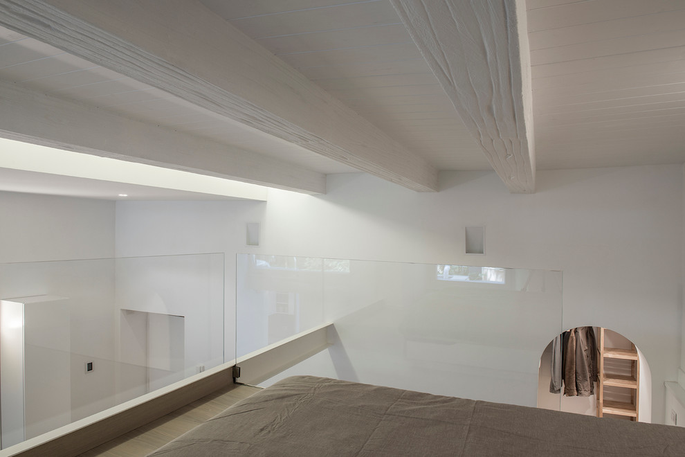 Immagine di una camera da letto stile loft contemporanea di medie dimensioni con pareti bianche e parquet chiaro