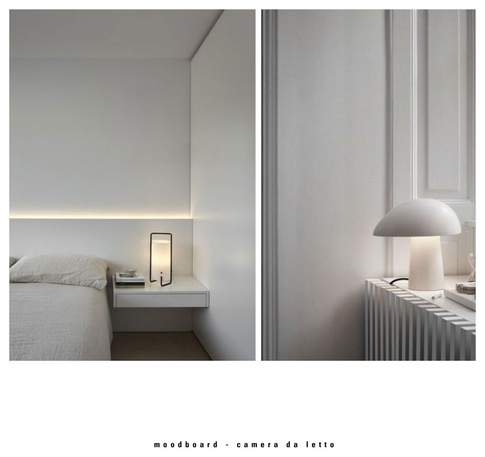 Idee per una piccola camera matrimoniale contemporanea con pareti bianche e parquet chiaro
