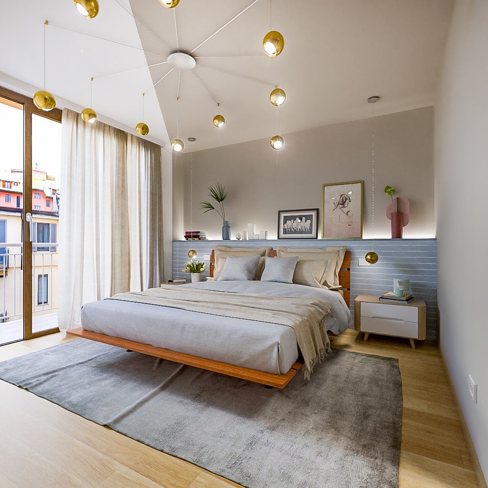 ミラノにある中くらいなコンテンポラリースタイルのおしゃれな主寝室 (ベージュの壁、淡色無垢フローリング) のレイアウト