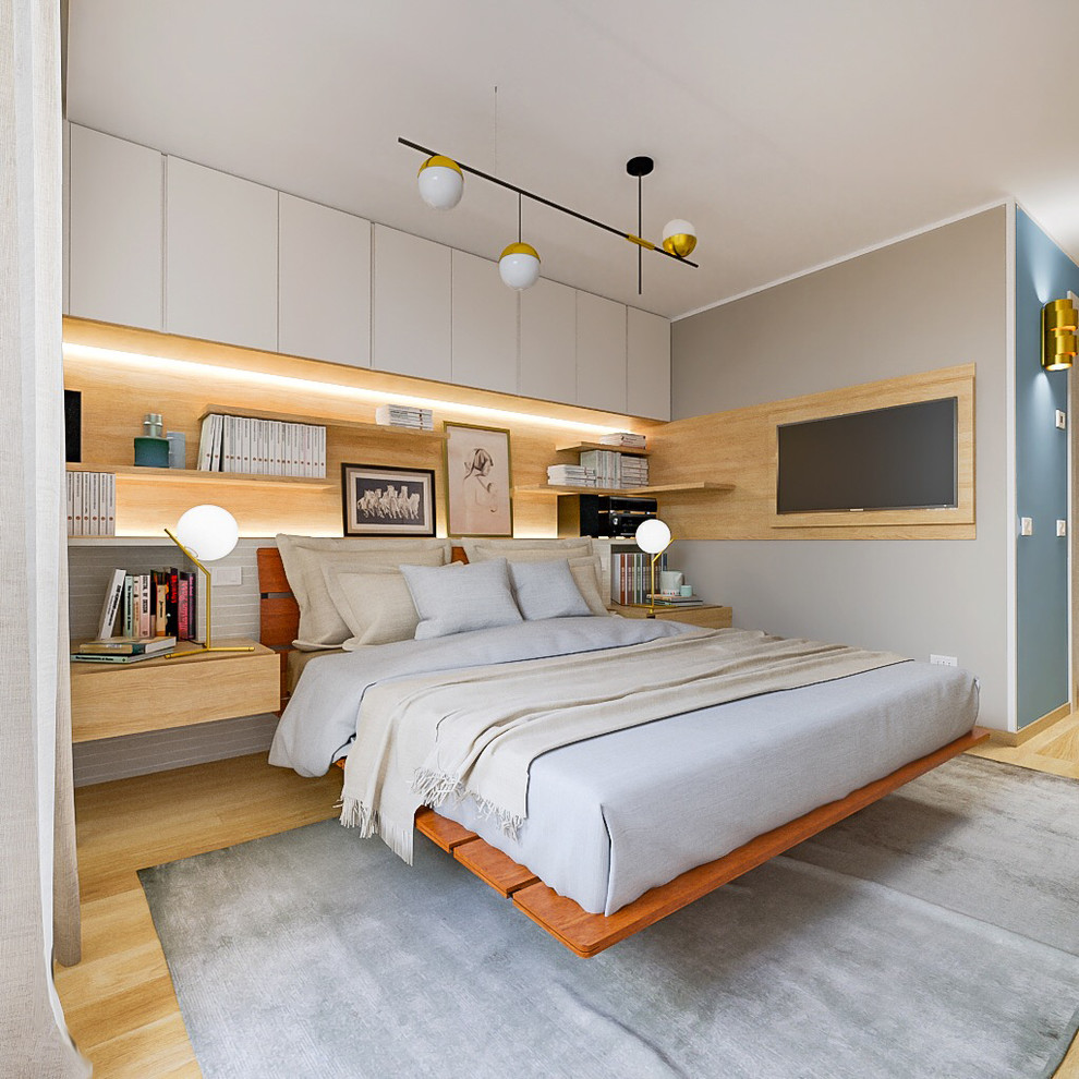 Mittelgroßes Modernes Hauptschlafzimmer mit hellem Holzboden, grauer Wandfarbe und beigem Boden