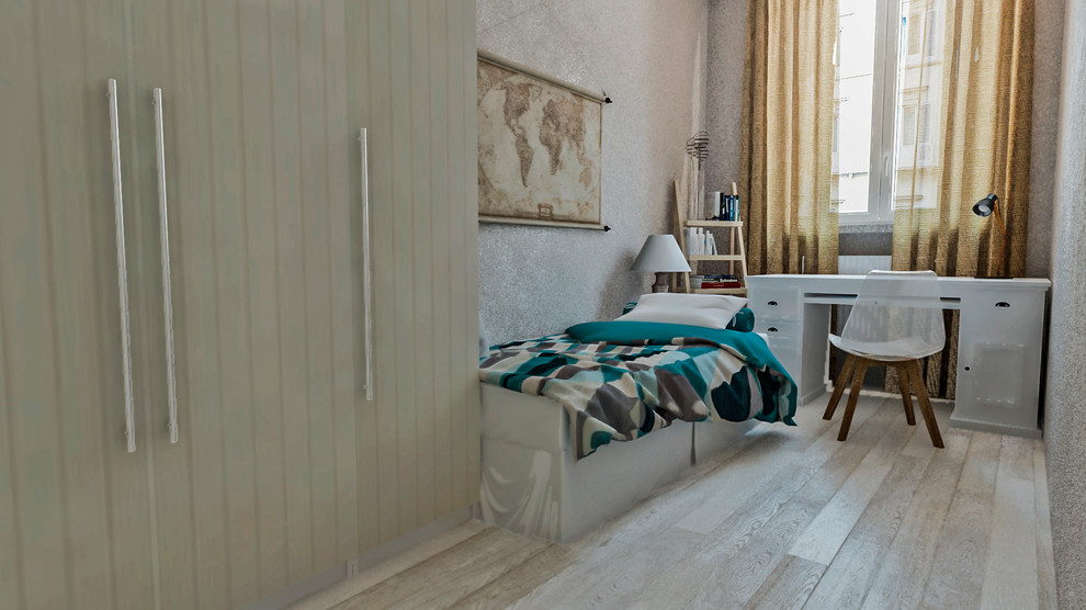 Foto di una piccola camera degli ospiti shabby-chic style con pareti multicolore, pavimento in laminato e pavimento beige