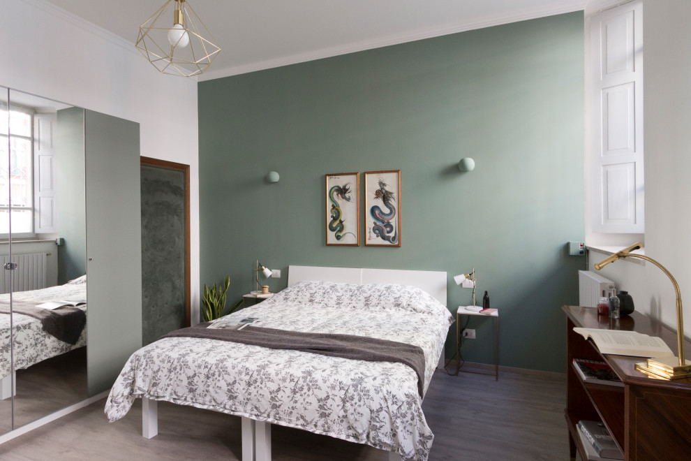 Idee per una grande camera matrimoniale minimal con pareti verdi, pavimento in linoleum e pavimento grigio