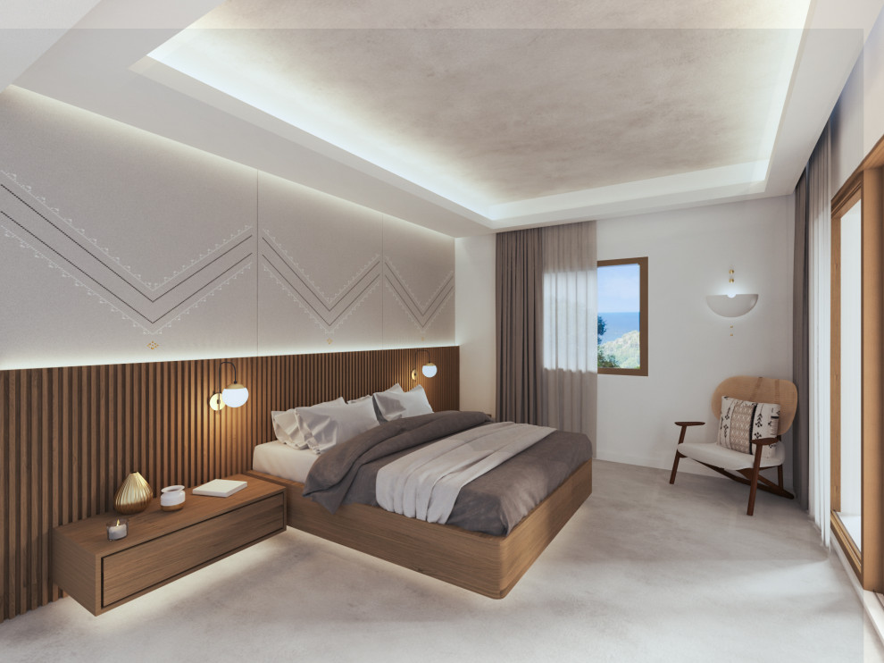 Immagine di una camera matrimoniale design di medie dimensioni con pareti bianche e soffitto ribassato