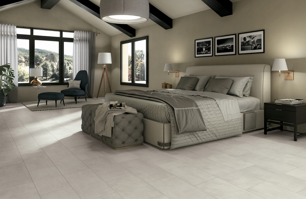 Modelo de dormitorio clásico con suelo de baldosas de porcelana