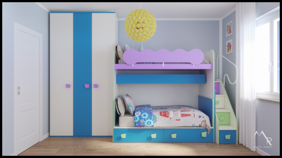 На фото: маленькая детская в стиле модернизм с спальным местом, разноцветными стенами, полом из керамогранита и бежевым полом для на участке и в саду, ребенка от 4 до 10 лет, мальчика с