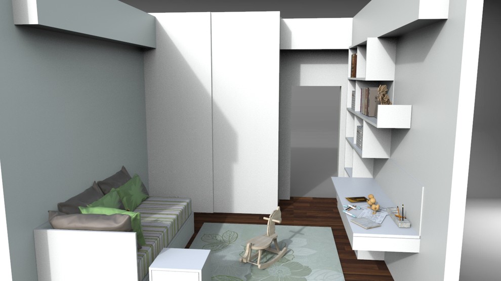 Idee per una cameretta per bambini da 4 a 10 anni design di medie dimensioni con pareti bianche e parquet scuro