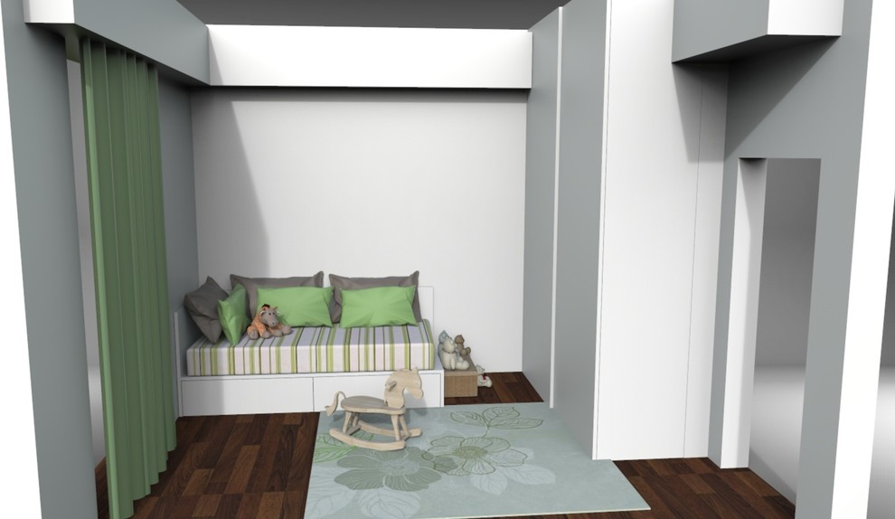 Idee per una cameretta per bambini da 4 a 10 anni minimal di medie dimensioni con parquet scuro e pareti bianche