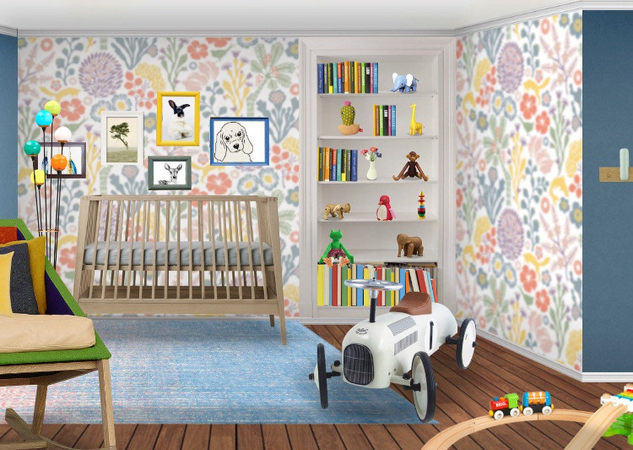 Ispirazione per una piccola cameretta da bambina da 1 a 3 anni minimal con pareti blu, pavimento in gres porcellanato e pavimento marrone