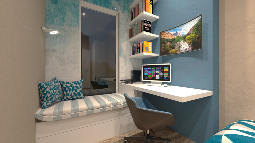 Inspiration för ett litet funkis barnrum kombinerat med skrivbord, med flerfärgade väggar och mellanmörkt trägolv