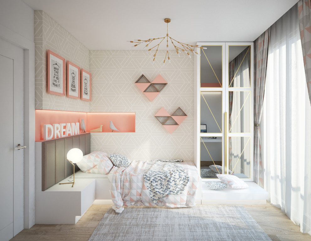 Inspiration for a medium sized modern children’s room for girls in Other with light hardwood flooring and beige floors.