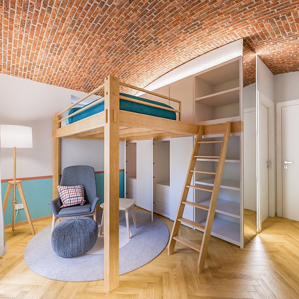 Mittelgroßes Modernes Kinderzimmer mit Arbeitsecke, bunten Wänden und hellem Holzboden