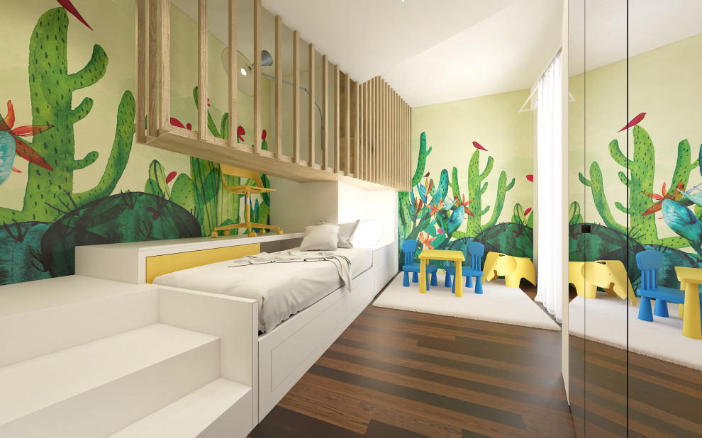 This is an example of a small eclectic children’s room for boys in Other with multi-coloured walls and dark hardwood flooring.