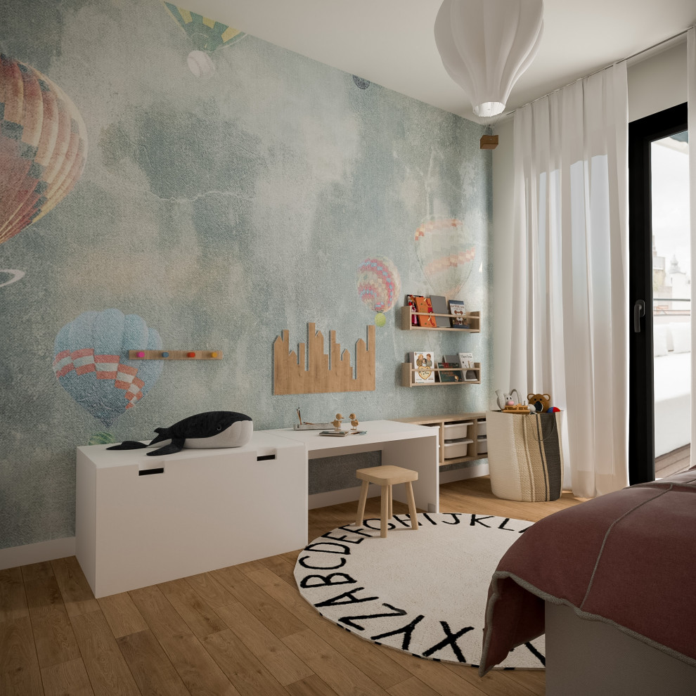Пример оригинального дизайна: детская среднего размера в современном стиле с спальным местом, разноцветными стенами, светлым паркетным полом и обоями на стенах для ребенка от 4 до 10 лет, девочки