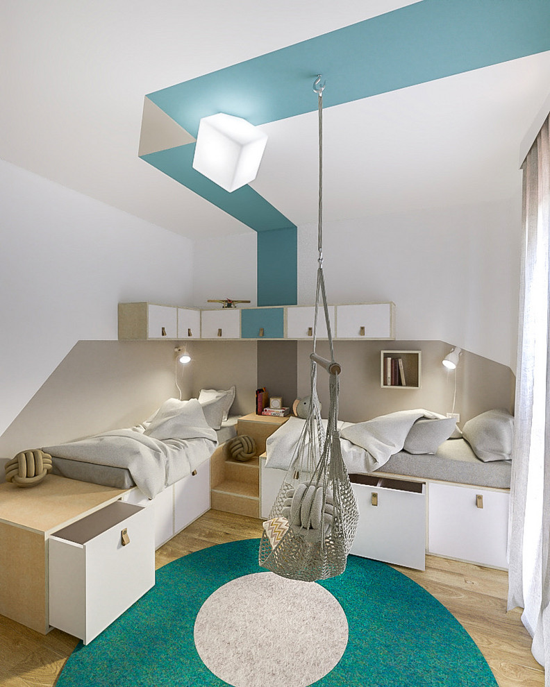 Inspiration för mellanstora moderna könsneutrala tonårsrum kombinerat med sovrum, med flerfärgade väggar och laminatgolv