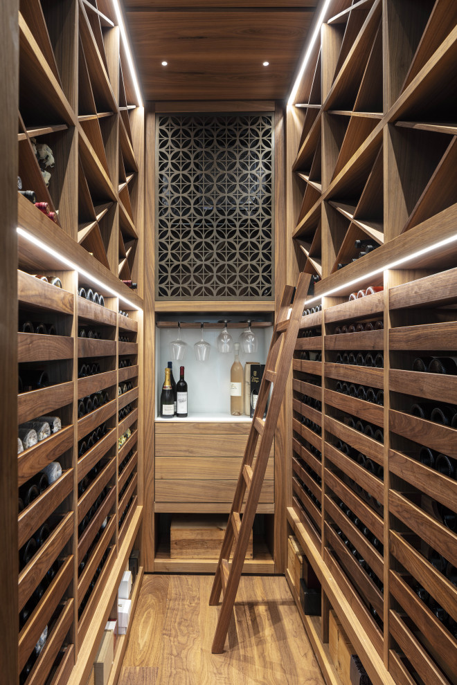 Aménagement d'une cave à vin contemporaine de taille moyenne avec un sol en bois brun, des casiers et un sol marron.
