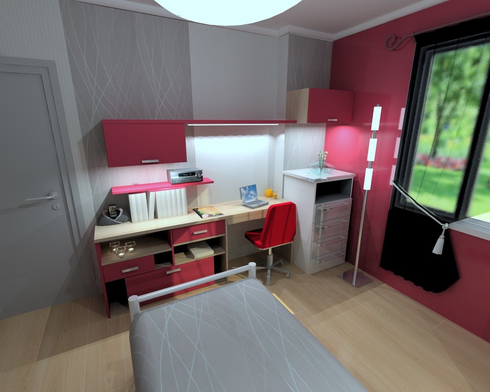 Photo of a medium sized modern teen’s room for girls in Clermont-Ferrand with grey walls and light hardwood flooring.