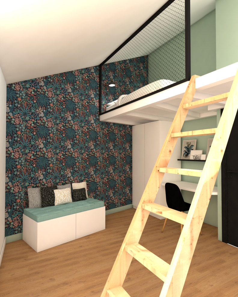 Diseño de dormitorio infantil industrial pequeño con paredes verdes, suelo de madera clara, suelo beige y papel pintado