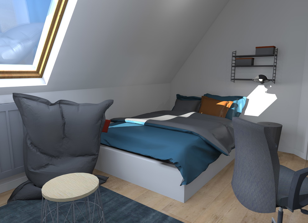 Cette image montre une petite chambre d'enfant urbaine avec un mur bleu, un sol en vinyl et un sol beige.