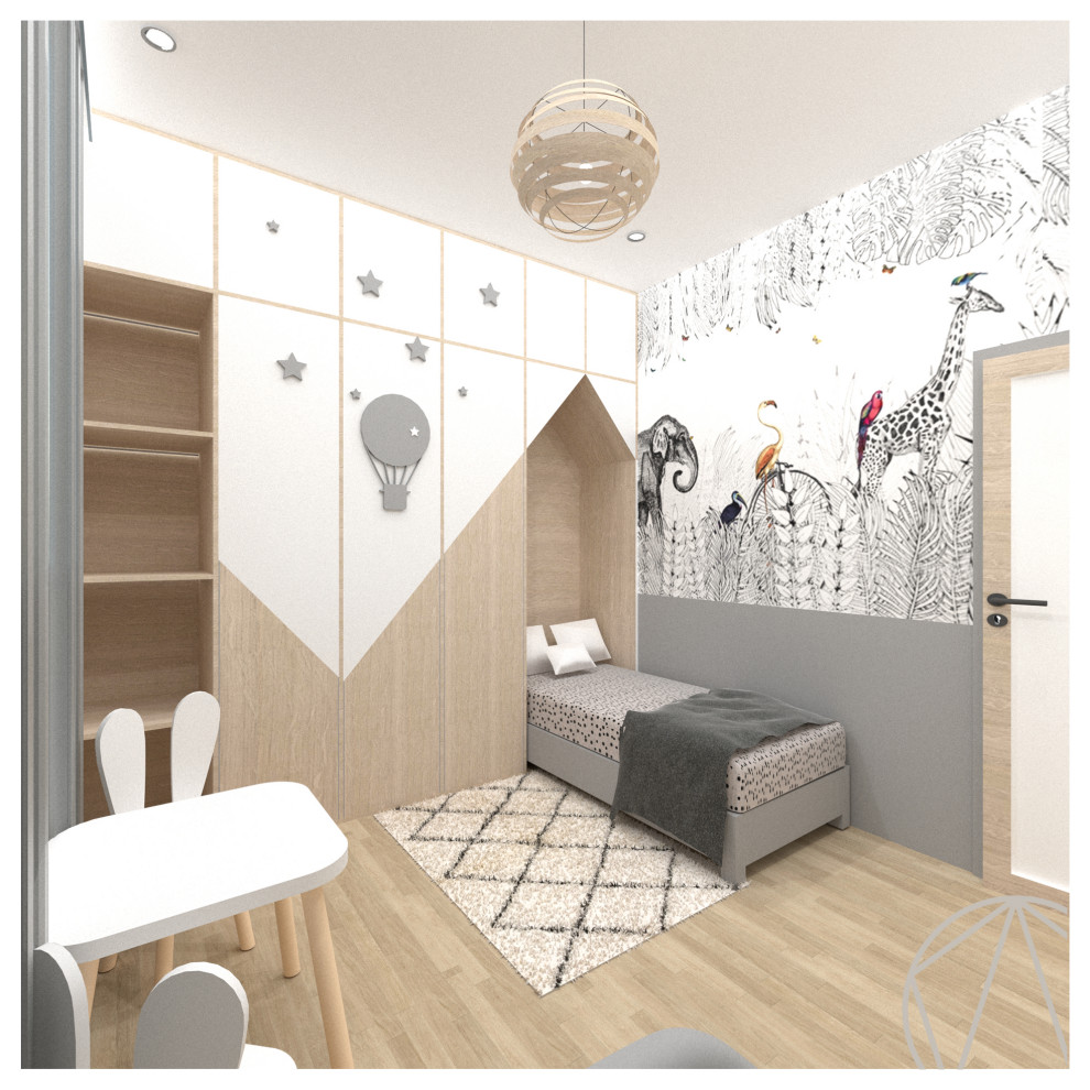 Inredning av ett minimalistiskt mellanstort könsneutralt barnrum kombinerat med sovrum och för 4-10-åringar, med vita väggar, ljust trägolv och beiget golv