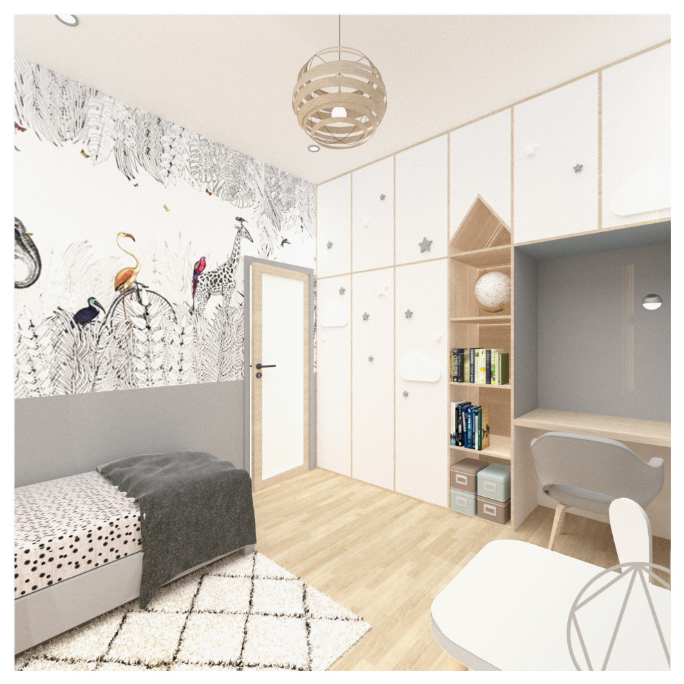 Cette image montre une chambre d'enfant de 4 à 10 ans nordique de taille moyenne avec un mur blanc, parquet clair, un sol beige et du papier peint.