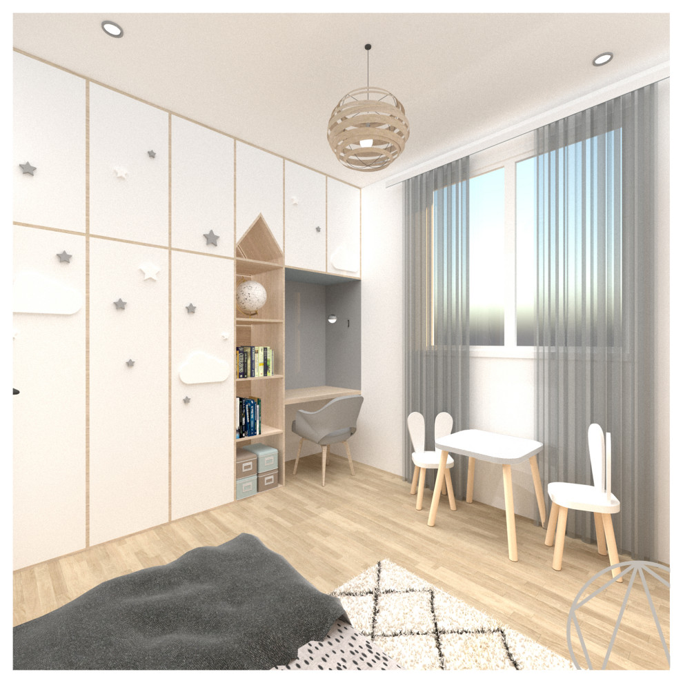Idéer för ett mellanstort nordiskt könsneutralt barnrum kombinerat med sovrum och för 4-10-åringar, med vita väggar, ljust trägolv och beiget golv