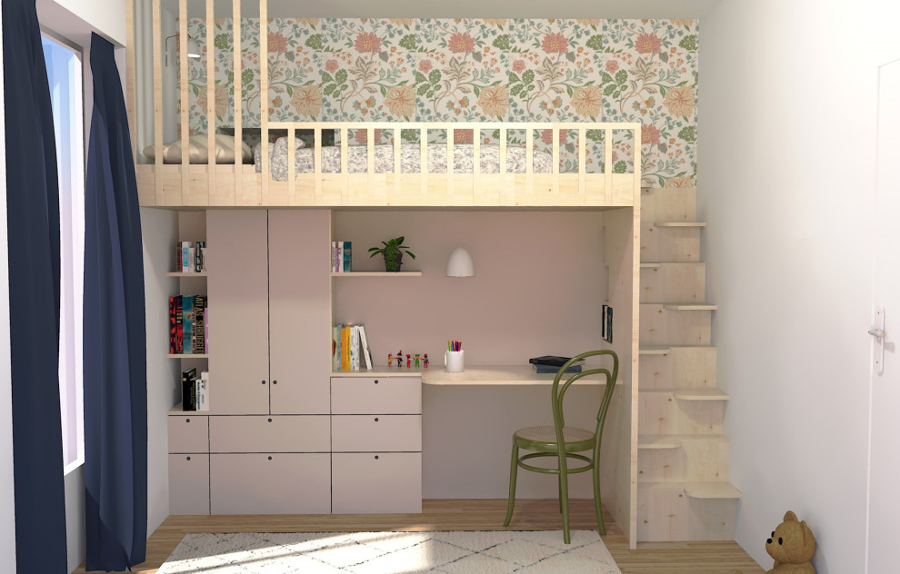 Exemple d'une petite chambre d'enfant de 4 à 10 ans moderne avec un mur rose, parquet foncé et du papier peint.