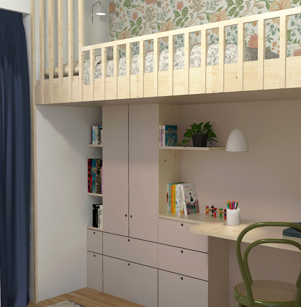 Ejemplo de dormitorio infantil de 4 a 10 años moderno pequeño con paredes rosas, suelo de madera oscura y papel pintado