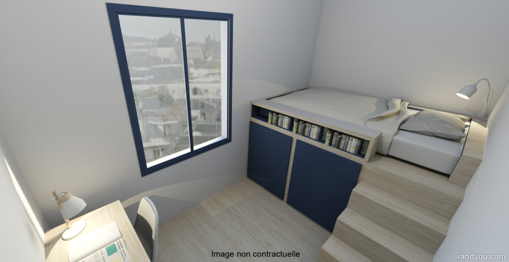 Design ideas for a small contemporary gender neutral teen’s room in Paris with beige walls, light hardwood flooring, beige floors and exposed beams.