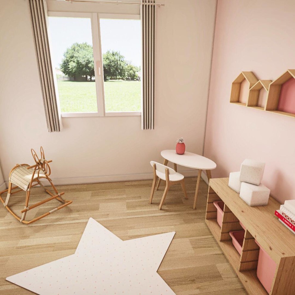 Пример оригинального дизайна: детская в скандинавском стиле с спальным местом, розовыми стенами, полом из ламината и бежевым полом для ребенка от 4 до 10 лет, девочки