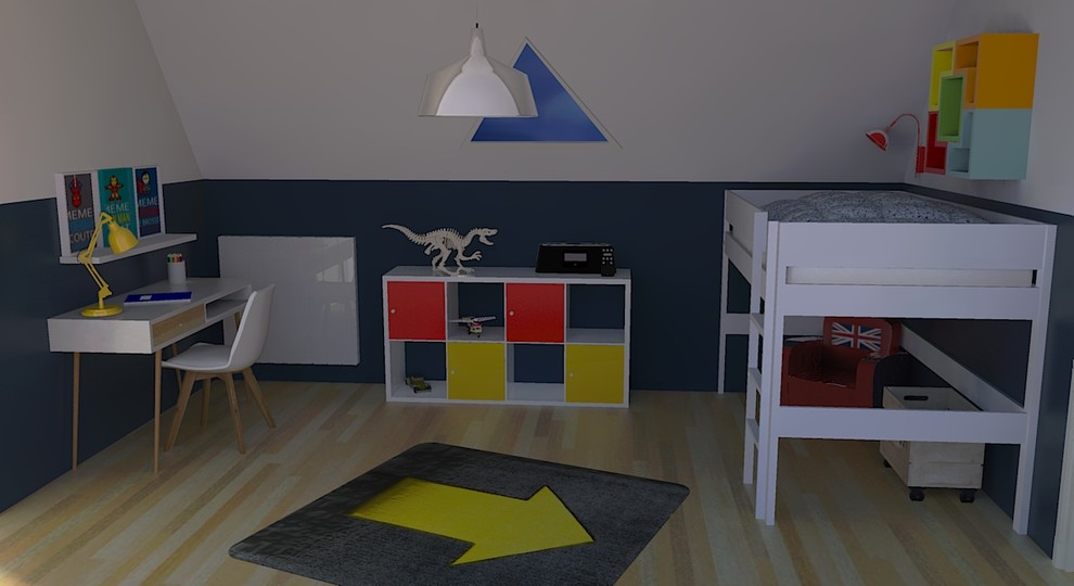 Ejemplo de dormitorio infantil de 4 a 10 años nórdico pequeño con paredes azules y suelo laminado