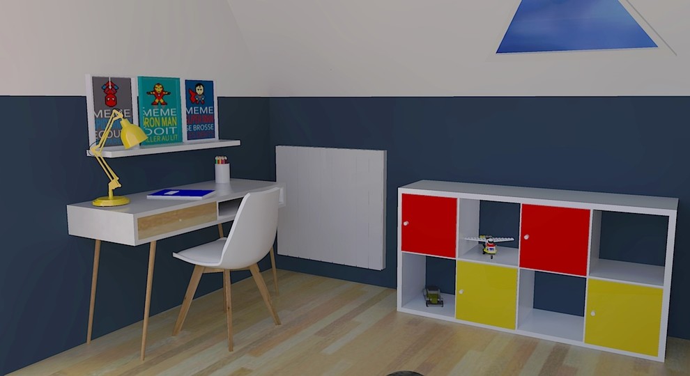 Idee per una grande cameretta per bambini da 4 a 10 anni nordica con pareti blu, pavimento in laminato e pavimento marrone