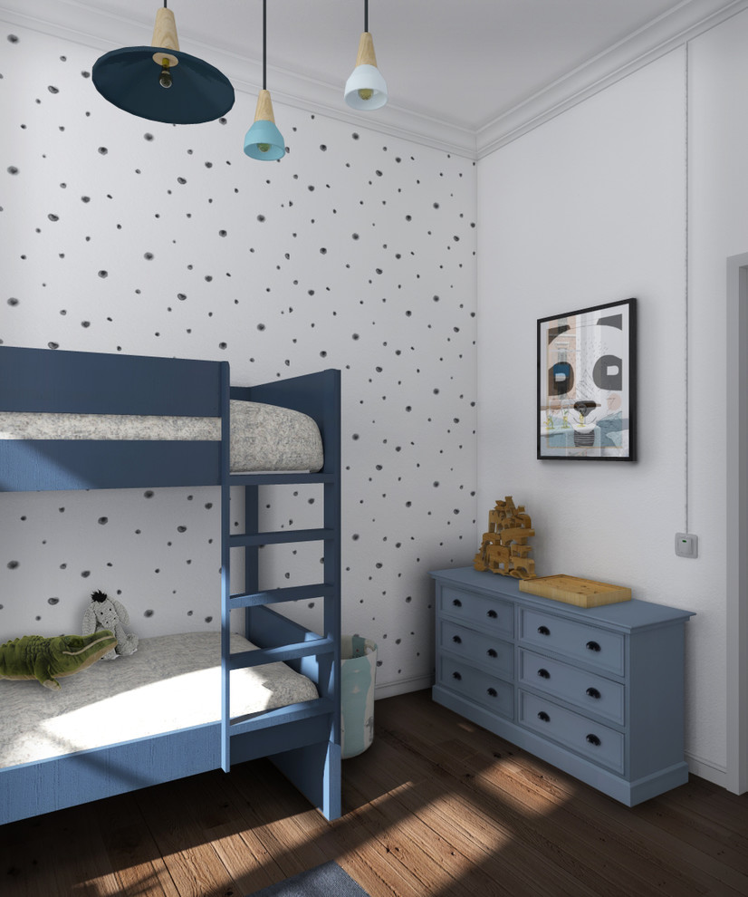 Modelo de dormitorio infantil de 4 a 10 años nórdico de tamaño medio con paredes blancas, suelo de madera oscura y suelo marrón