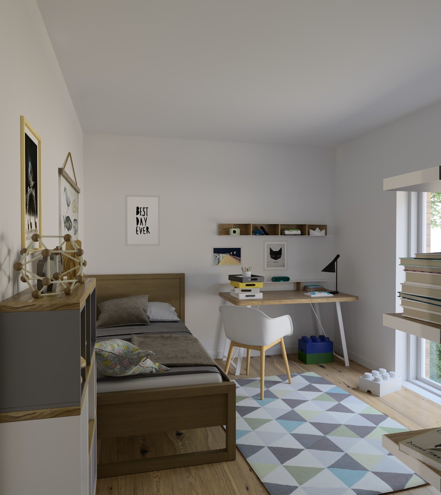 Diseño de dormitorio infantil nórdico pequeño con paredes blancas y suelo laminado