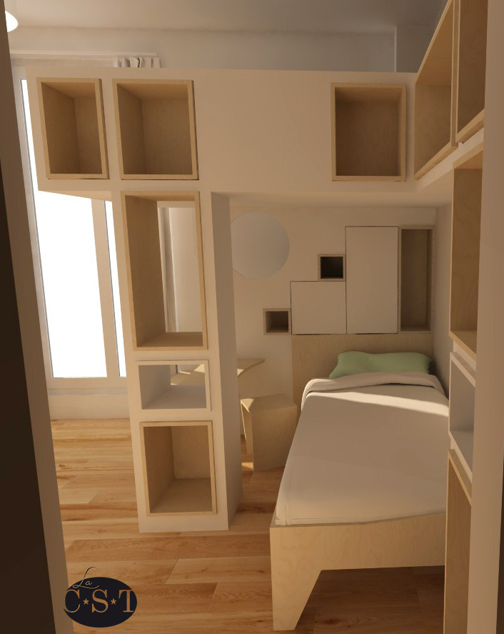 This is an example of a small contemporary gender neutral children’s room in Paris with white walls and light hardwood flooring.