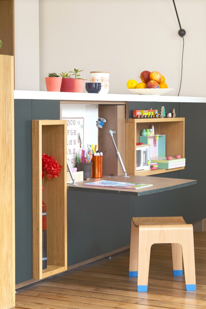 Inspiration for a scandinavian medium tone wood floor kids' room remodel in Paris with gray walls