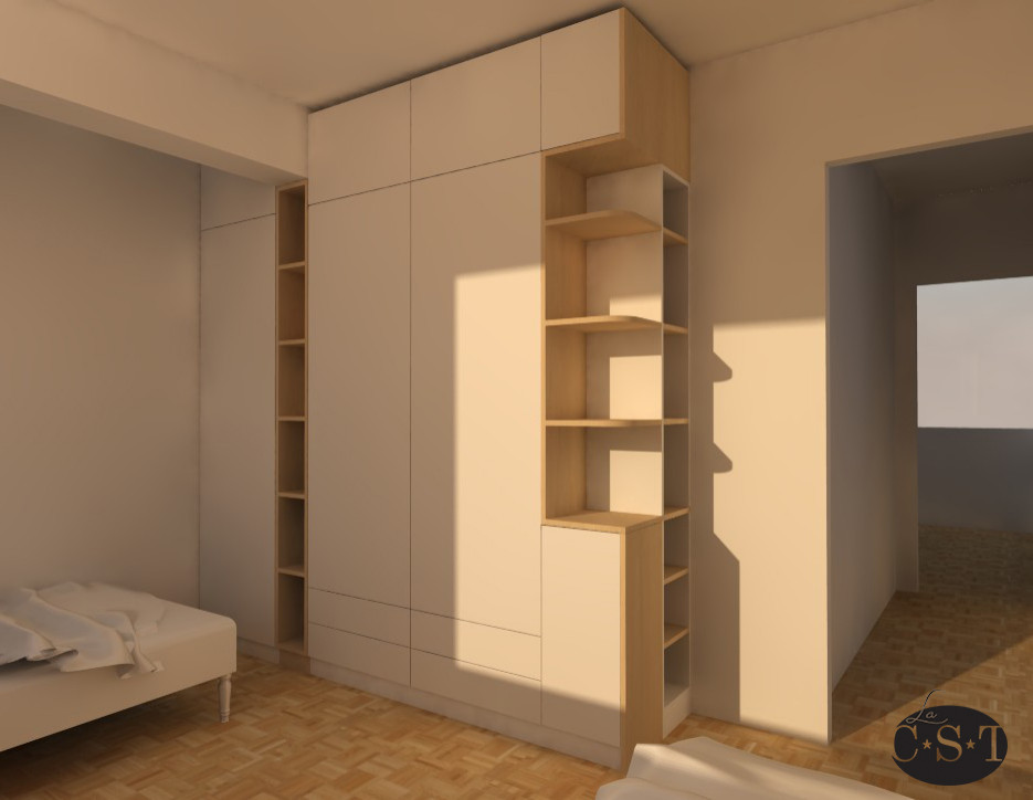 Immagine di una piccola cameretta per bambini da 4 a 10 anni minimal con pareti bianche e parquet chiaro