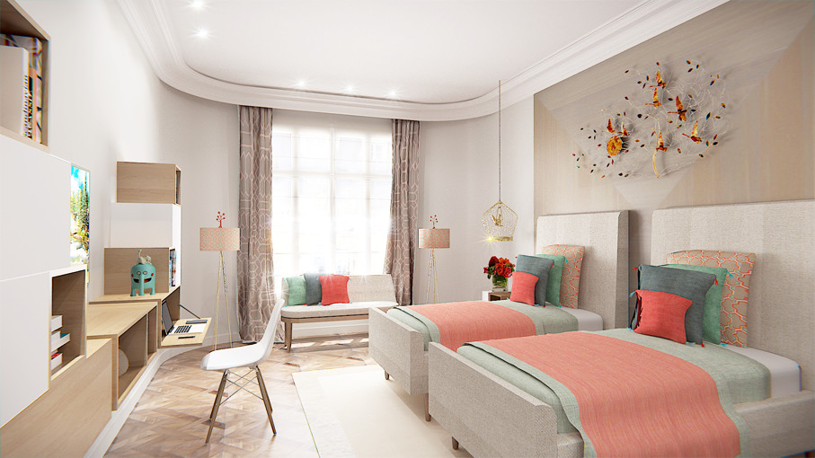 Inspiration for a large contemporary girl kids' bedroom remodel in Paris with gray walls
