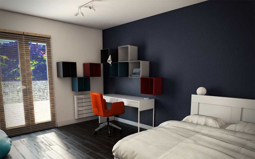 Ejemplo de dormitorio infantil minimalista grande con paredes azules, suelo de madera oscura y suelo marrón