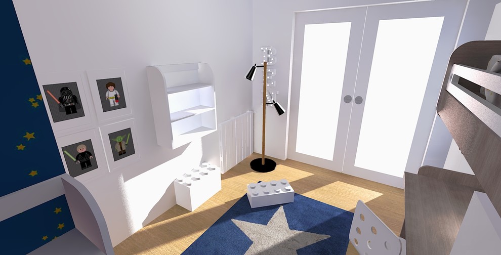 Inspiration pour une petite chambre de garçon de 4 à 10 ans design avec un mur beige, parquet clair et un sol beige.