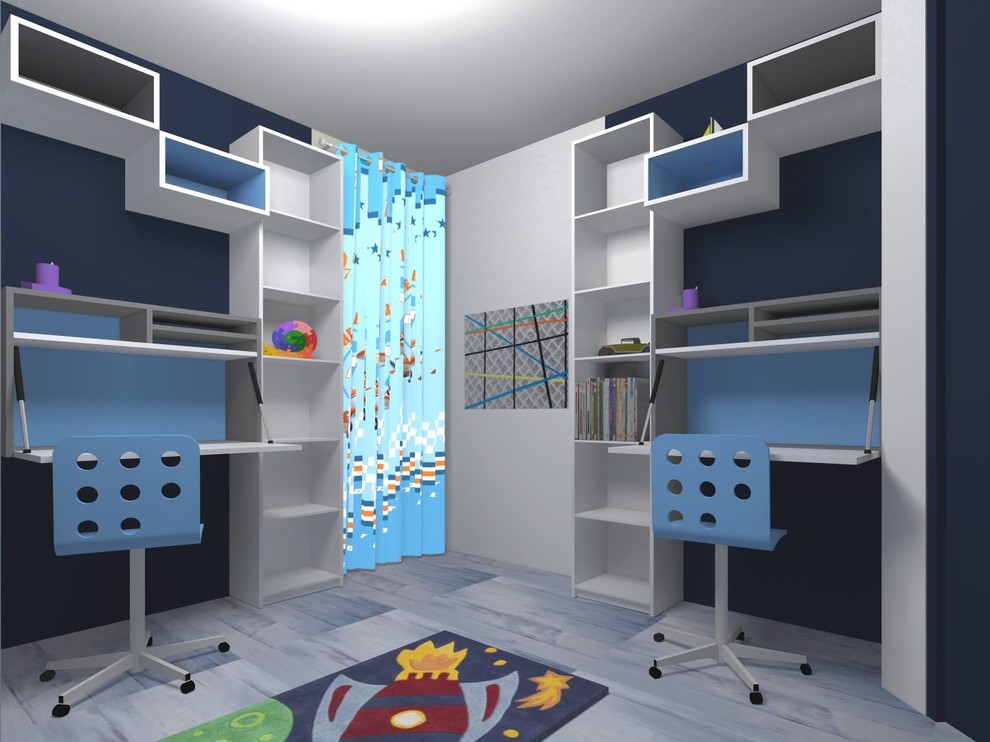 Esempio di una piccola cameretta per bambini da 4 a 10 anni design con pareti bianche, pavimento in laminato e pavimento blu