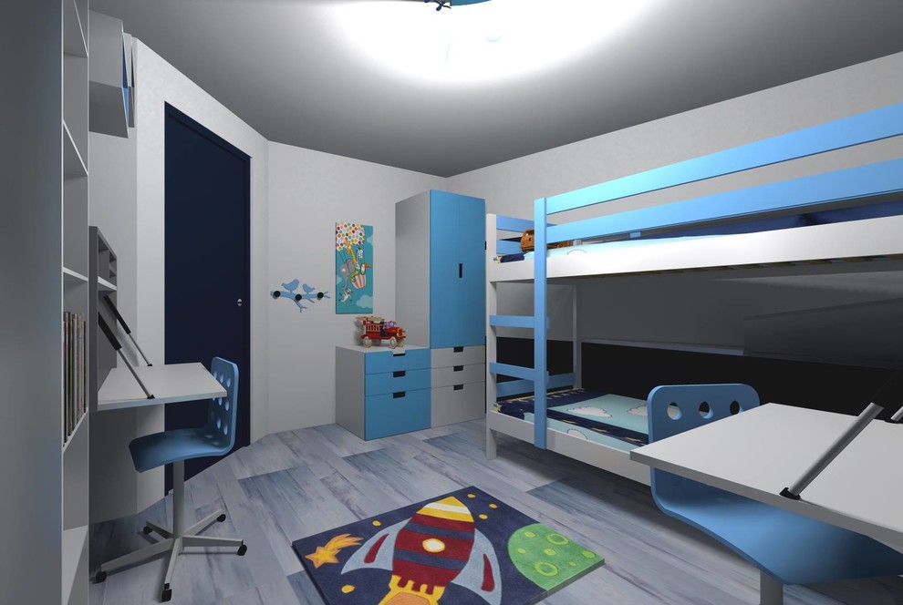 Design ideas for a small modern children’s room for boys in Paris with white walls, laminate floors and blue floors.