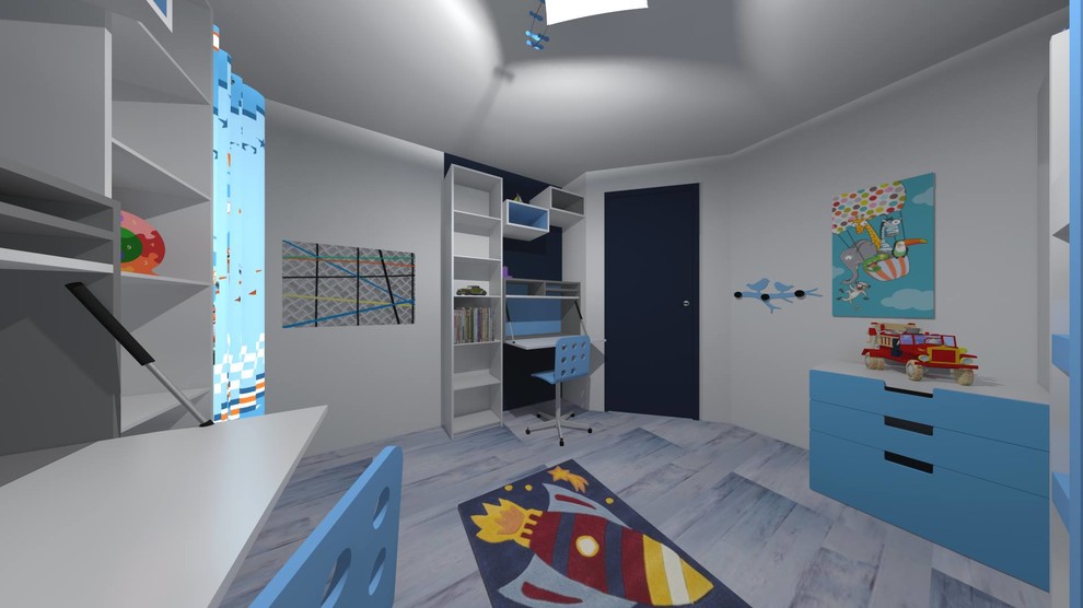 Modelo de dormitorio infantil de 4 a 10 años actual pequeño con paredes blancas, suelo laminado y suelo azul