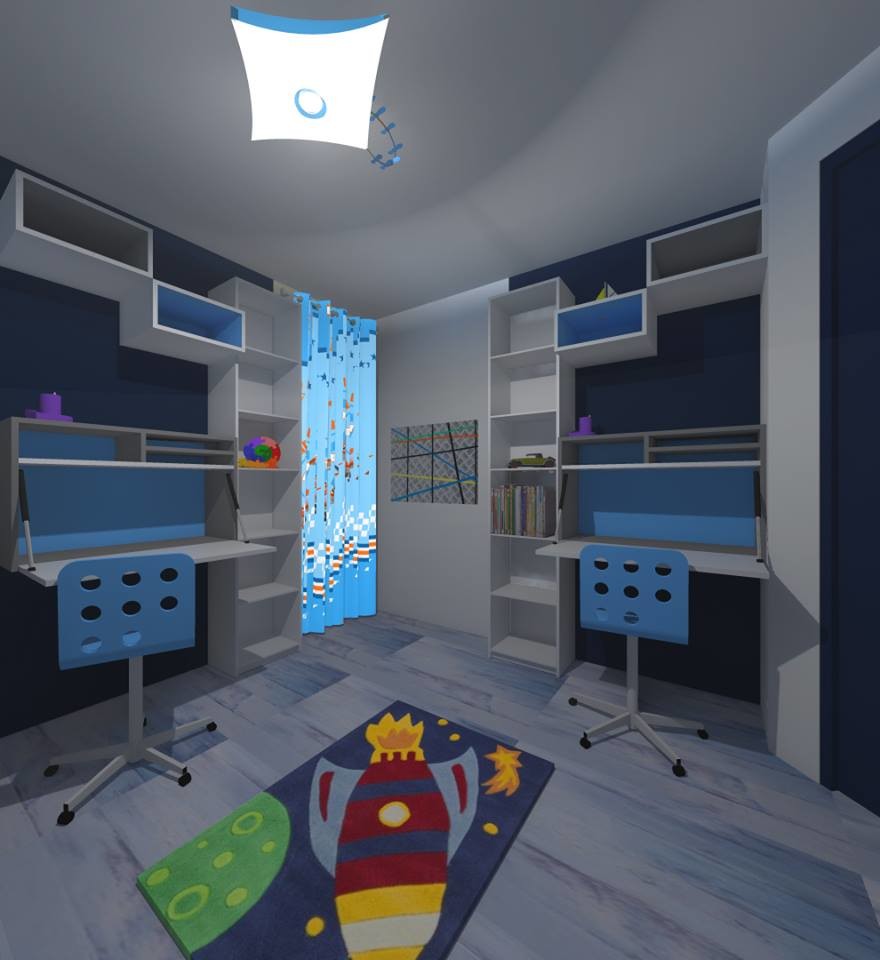 Aménagement d'une petite chambre d'enfant de 4 à 10 ans contemporaine avec un mur blanc, sol en stratifié et un sol bleu.
